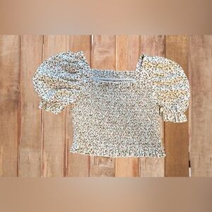 SHEIN Smocked Ruffled Crop Blouse in Cream and Green